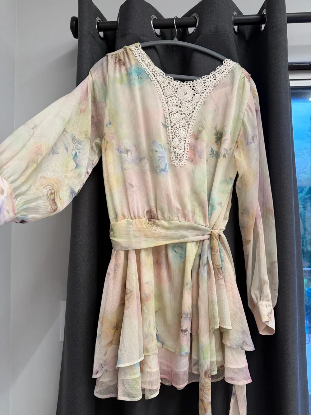 Zara Pastel Watercolor Floral Tie-Waist Dress with Lace V-Neck